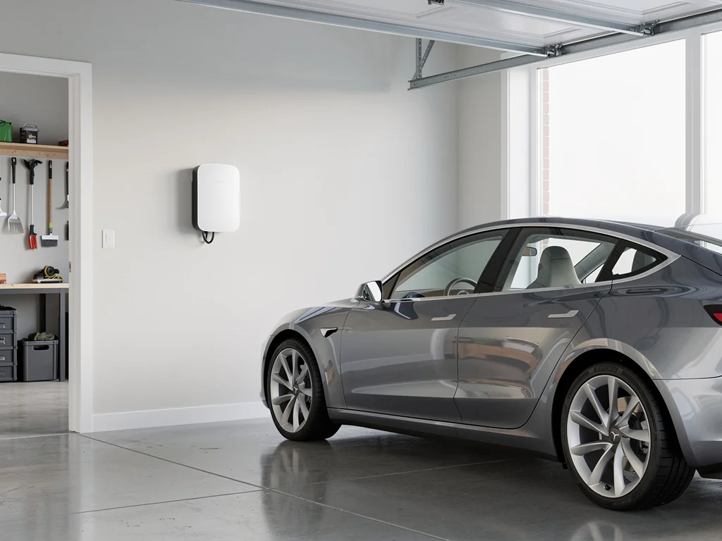 Borne murale blanche fixée au mur d'un garage, voiture électrique à côté