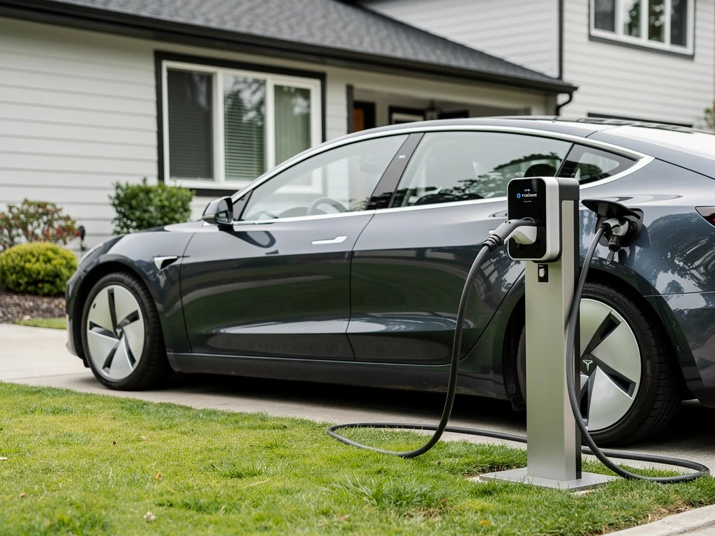 Voiture électrique branchée en extérieur, câble de recharge connecté à la borne