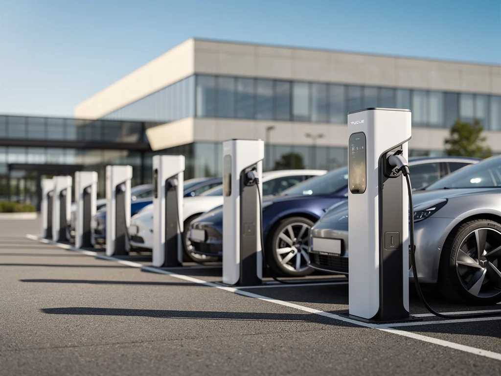 Bornes sur pied alignées sur le parking d'une entreprise