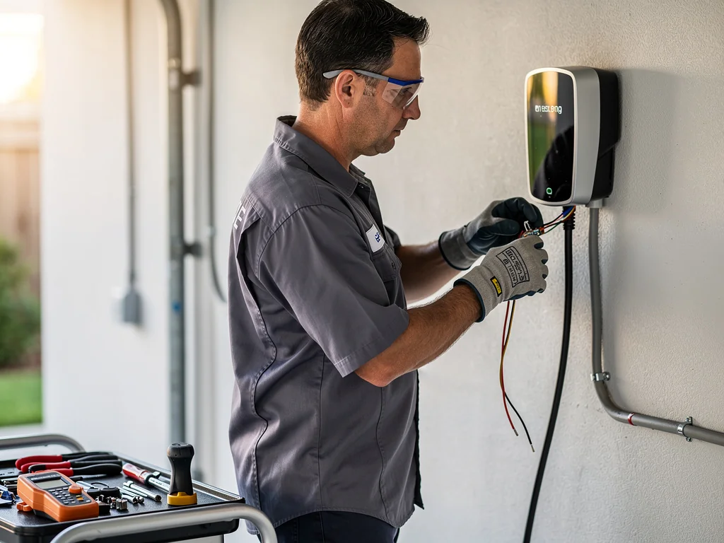 Électricien certifié IRVE raccordant une borne de recharge au mur